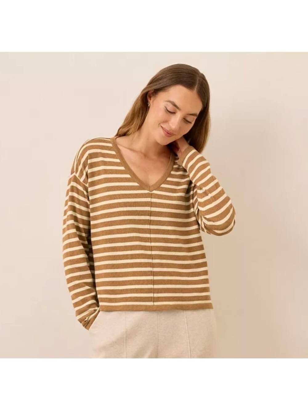 Pact Organic Cotton Classic Fine Knit Relaxed Stripe Brown V neck Sweater XL